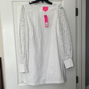 Lilly Pulitzer White Mini Dress with Bishop Sleeves and Bateau Neckline.